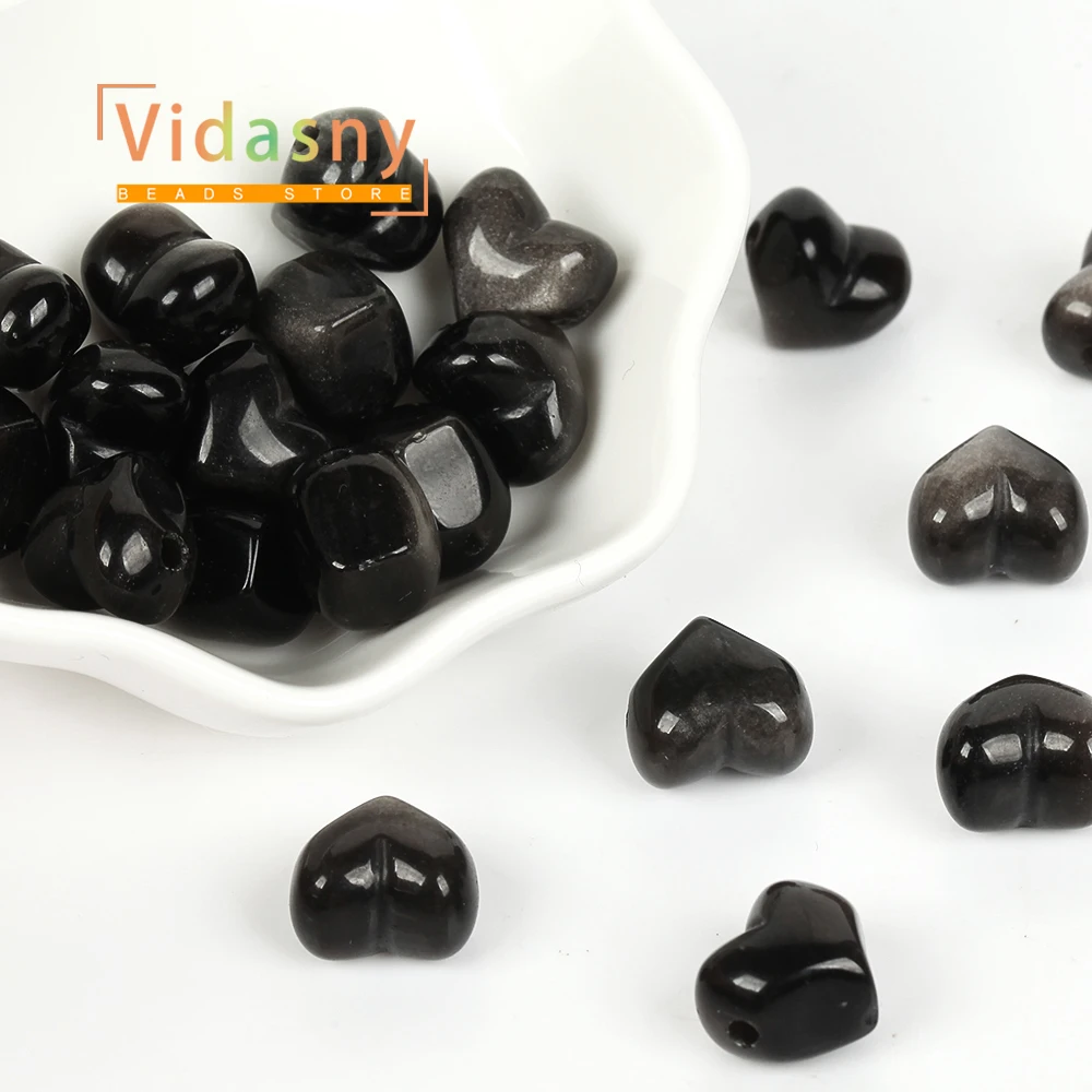 5 Stück Naturstein Silberner Obsidian Pfirsichherz-Form Lose Abstandsperlen für Schmuckherstellung DIY Armband Halskette Ohrringe – Detail 2