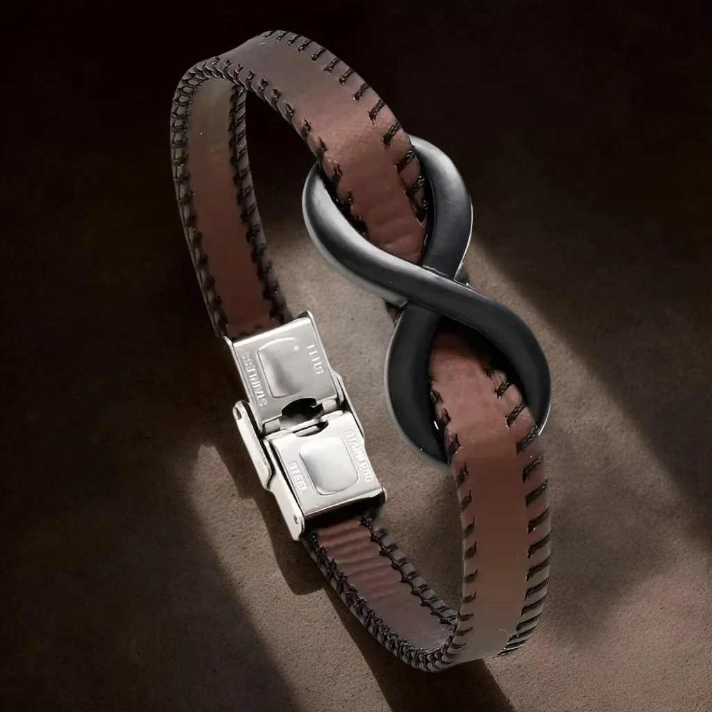 

1 Pcs Men Hand woven Leather Black Stitching Bracelet Stylish Stainless Steel Infinity Symbol 8 Bangle Detachable Jewelry Gifts