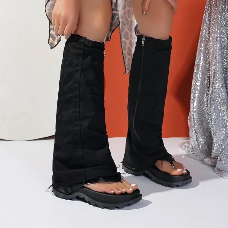 Verano negro lona Clip Toe hasta la rodilla zapatos de mujer Sexy suela gruesa 5cm tacón cuadrado vestido de fiesta chanclas sandalias Botas Largas