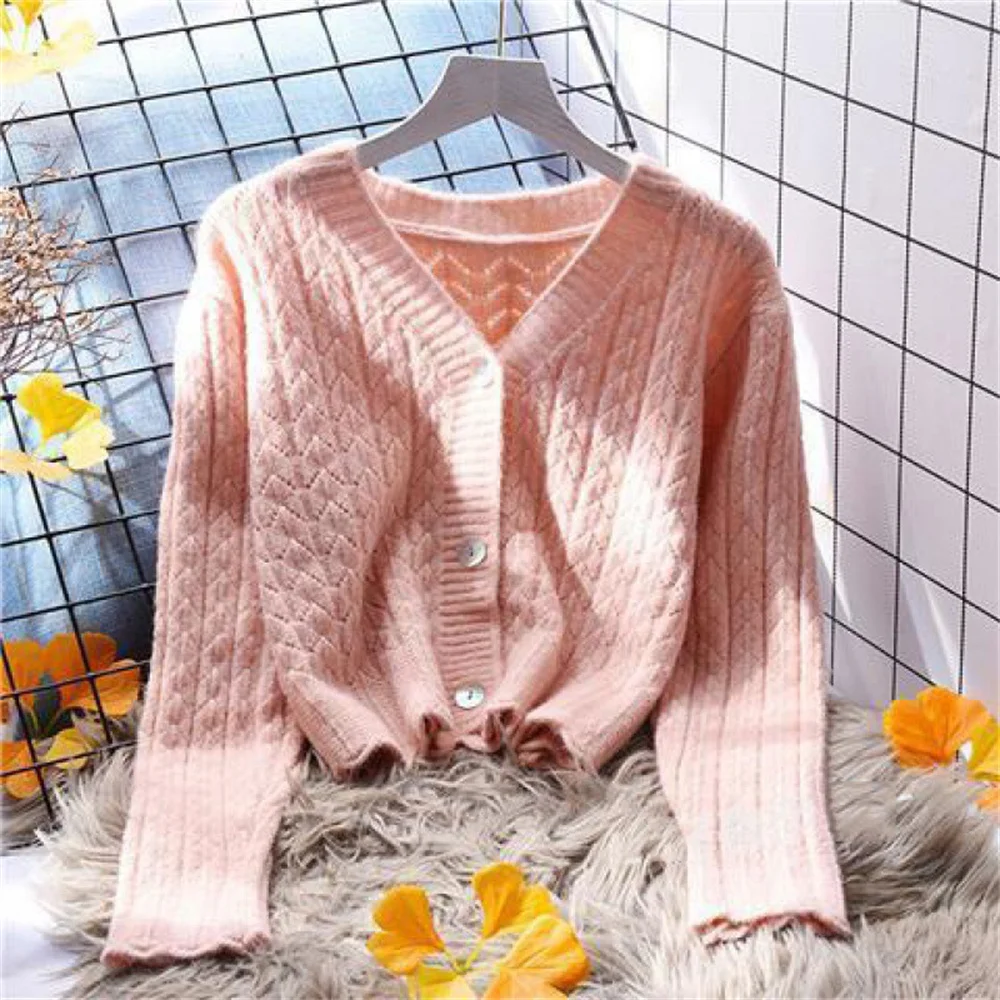 Fashion Yellow Cropped Sweater Coat Women's Loose Outer Wear 2023 Korean New Autumn All-Matching Western Style Knitted Cardigan