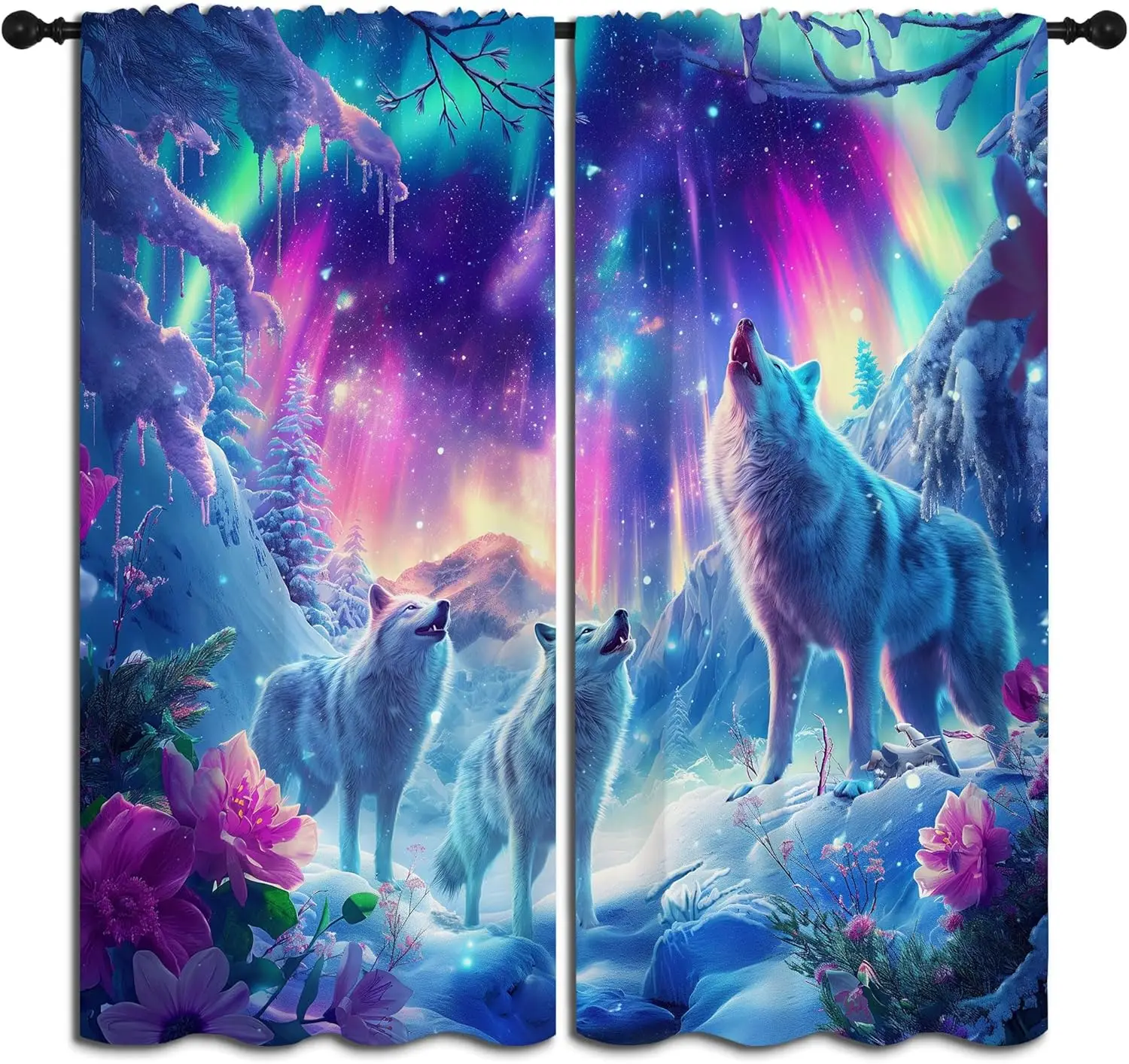 Wolf Blackout Curtains for Boys Girl Bedroom Decor,Howling Wolf Aurora Nature Snowy Scenery Thermal Insulated Rod Pocket Drapes