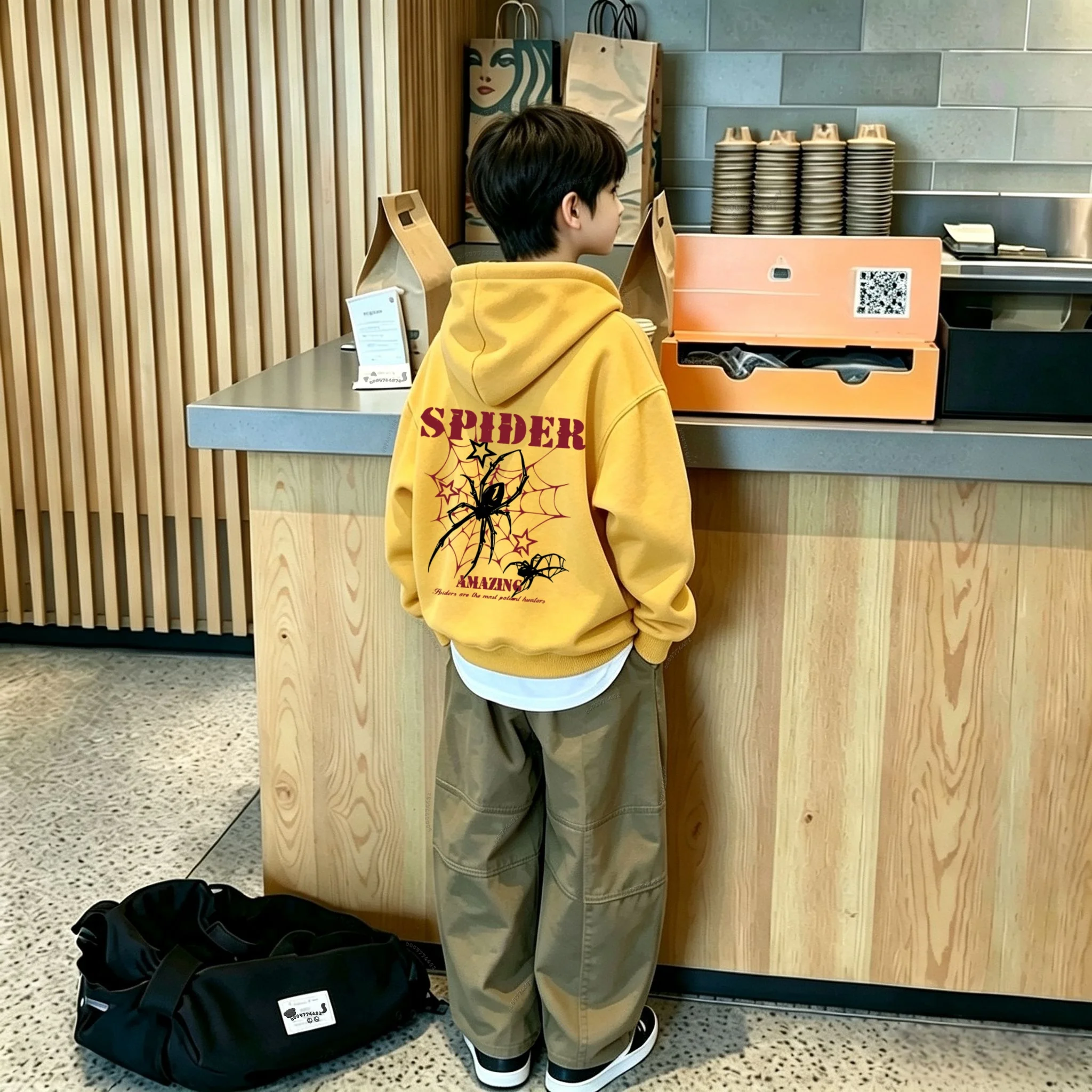 Y2K Spider Web Letter Pattern Printed Warm Kids Hooded Sweatshirt-Boys' and Girls' Spring, Autumn and Winter Pullover Sweatshirt