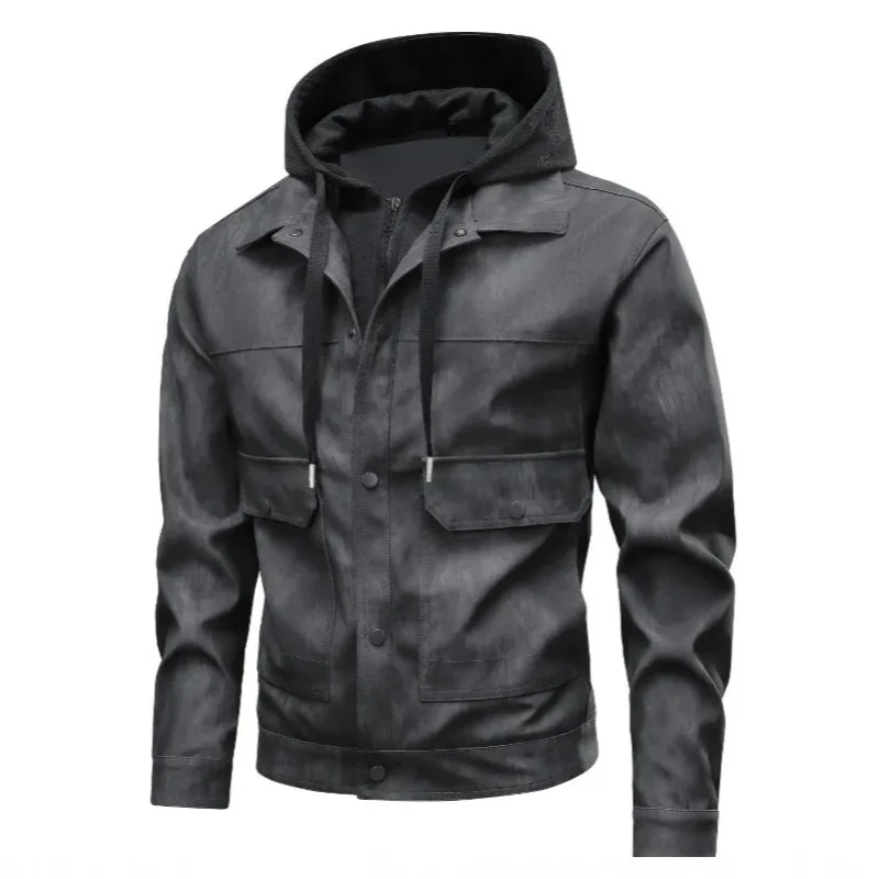 

Autumn Man Leather Jacket Motorcycle Punk Windproof Male Fake Two-piece Coat Vintage Long Sleeve Pocket Men Hooded Outerwear