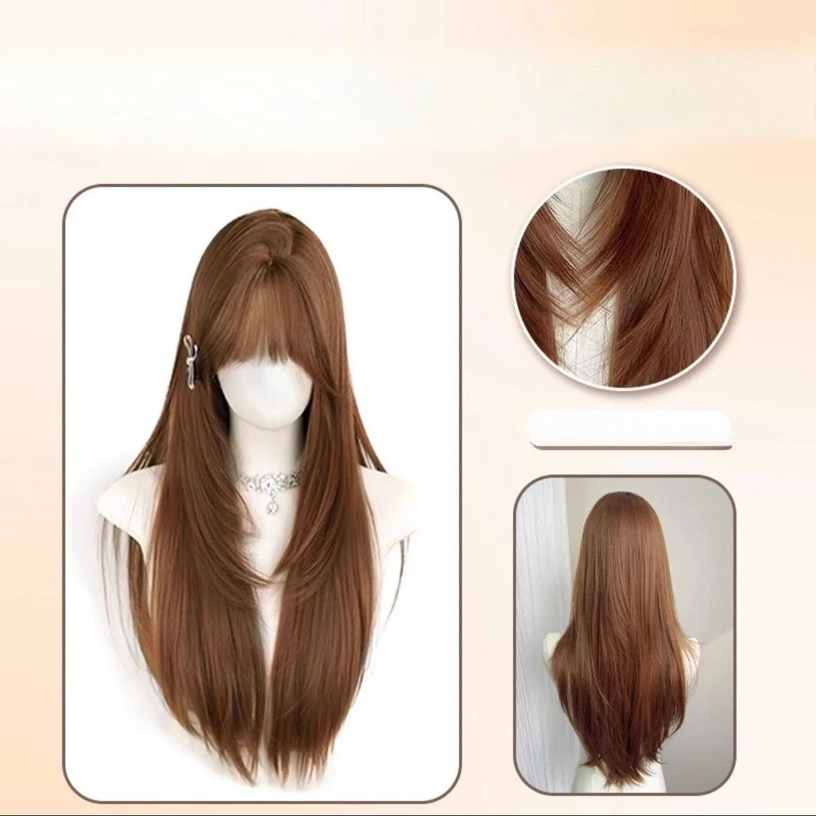 Hochwertige Perücke für Damen, Karamell, warm, braun, natürlich, langes glattes Haar, Qi-Pony, Damen-Gruppenmode, ganze Kopfbedeckung