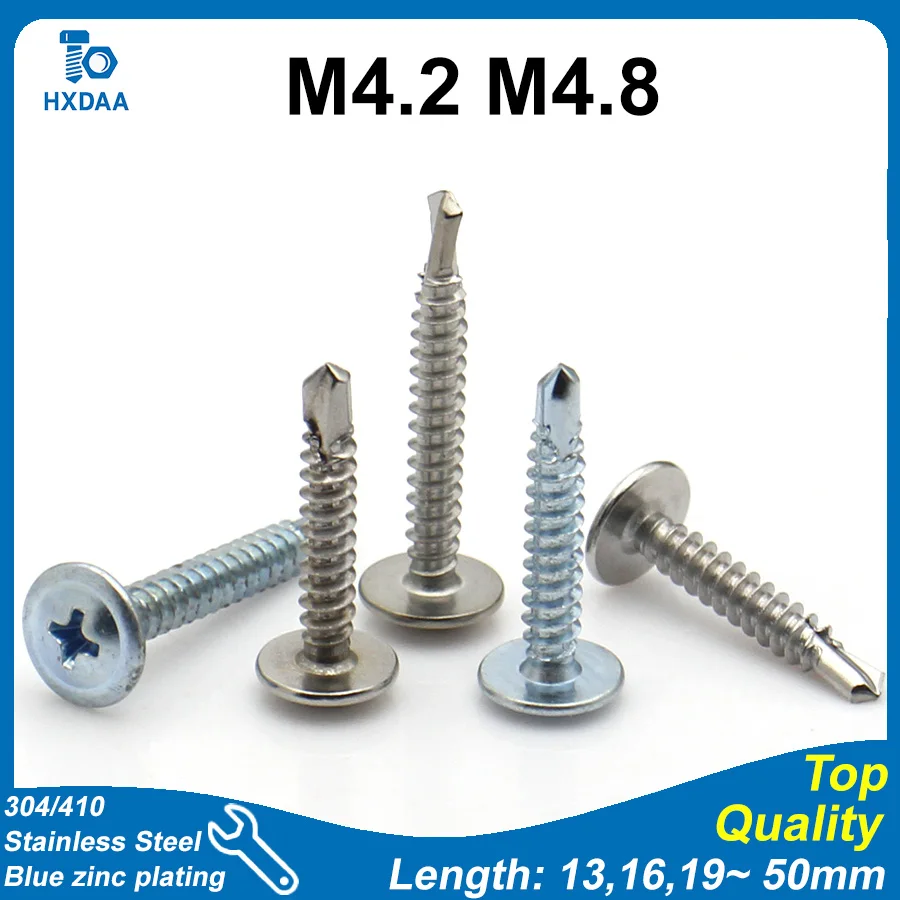 10 قطعة M4.2 M4.8 الزنك مطلي الكربون الصلب/410 SS/304 SS تتوافق الحفر الذيل مسامير كبيرة شقة رئيس مع ختم غسالة