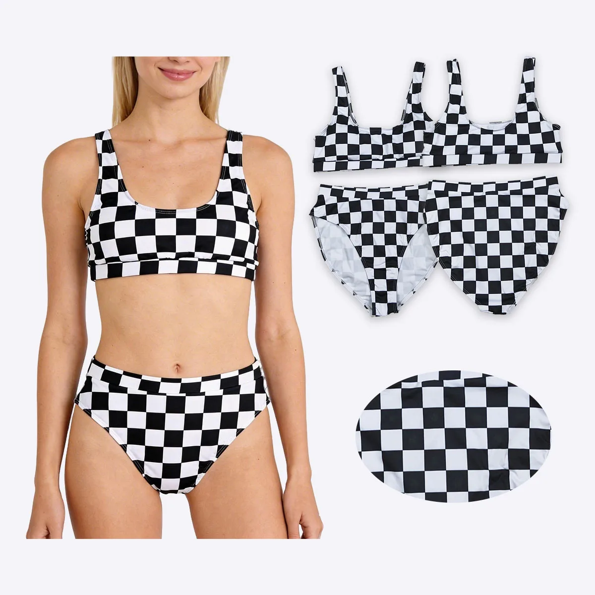 

Adult Women Black Checkered Bra Top Bummies Bottom Swimsuits Sets Camo Bathing Suit Summer Two Pieces Clothing Wholesale