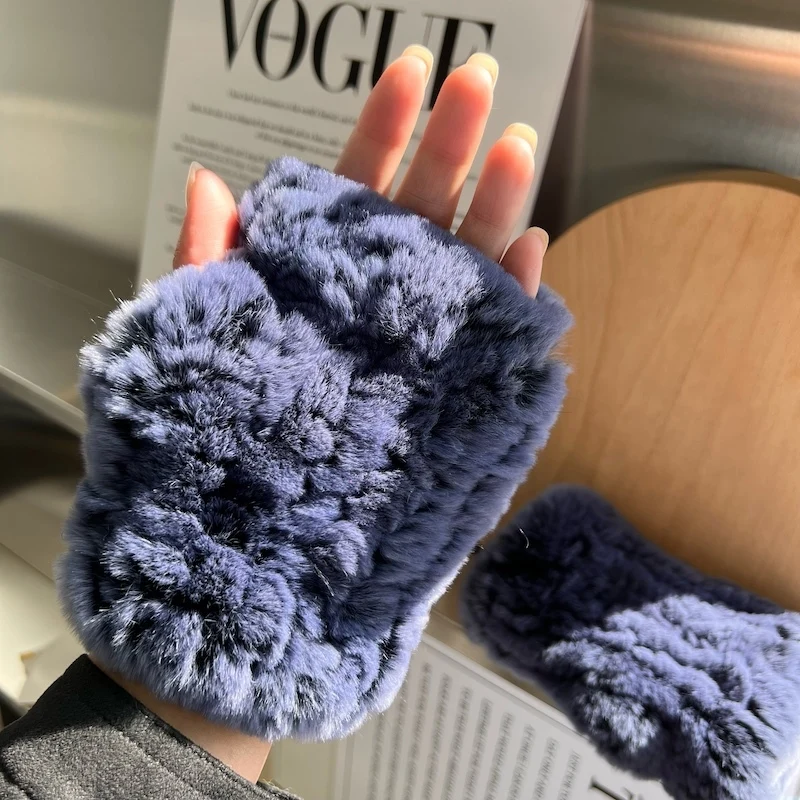 Real Rex Rabbit Fur Half Fingered Gloves For Women In Winter Thickened Warm Plush Elastic Gloves Female Knitted Real Fur Gloves