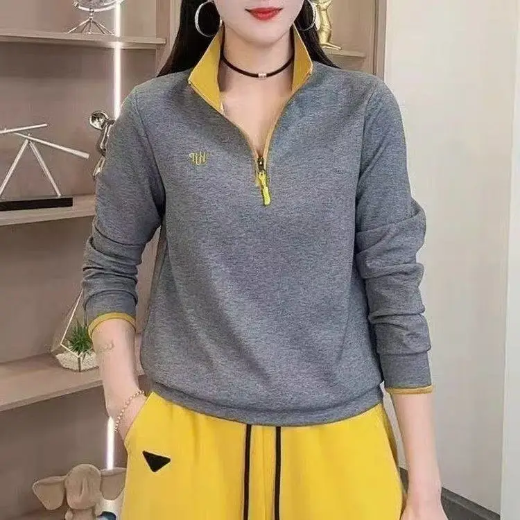 Spring Autumn Zipper Color Block T-Shirt Embroidered Slim Fit Long Sleeve Stand Collar Fashionable Stylish Top for Women