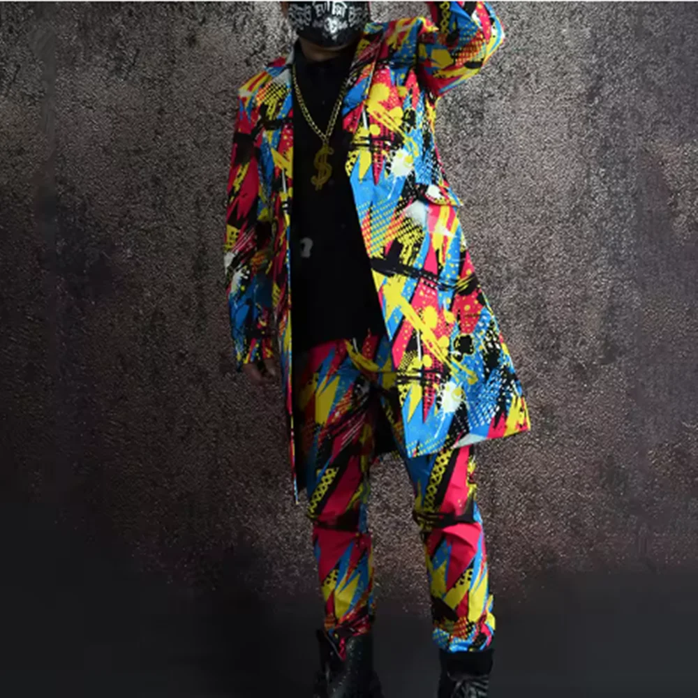 2025 männer Bühne Outfit Jazz Hip Hop Street Dance Kostüm Graffiti Gedruckt Casual Anzug Männlich Langen Mantel Bunte Leistung tragen