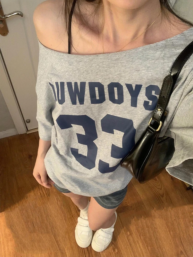 Summer Casual oulder-baring ey American Retro ort Sve T-irt Women Loose Lazy Spicy Girl Slant oulder Top