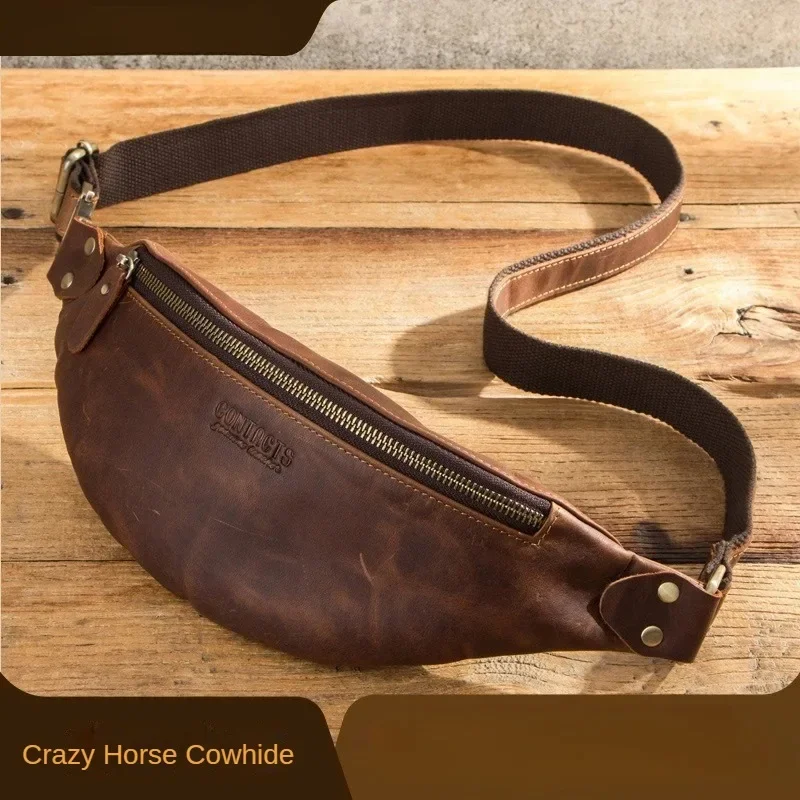 

Men's Retro Crazy Horse cowhide Waist bag Leather Travel Fanny Pack Multi-functional Men's waist bag Phone Belt Chest bag