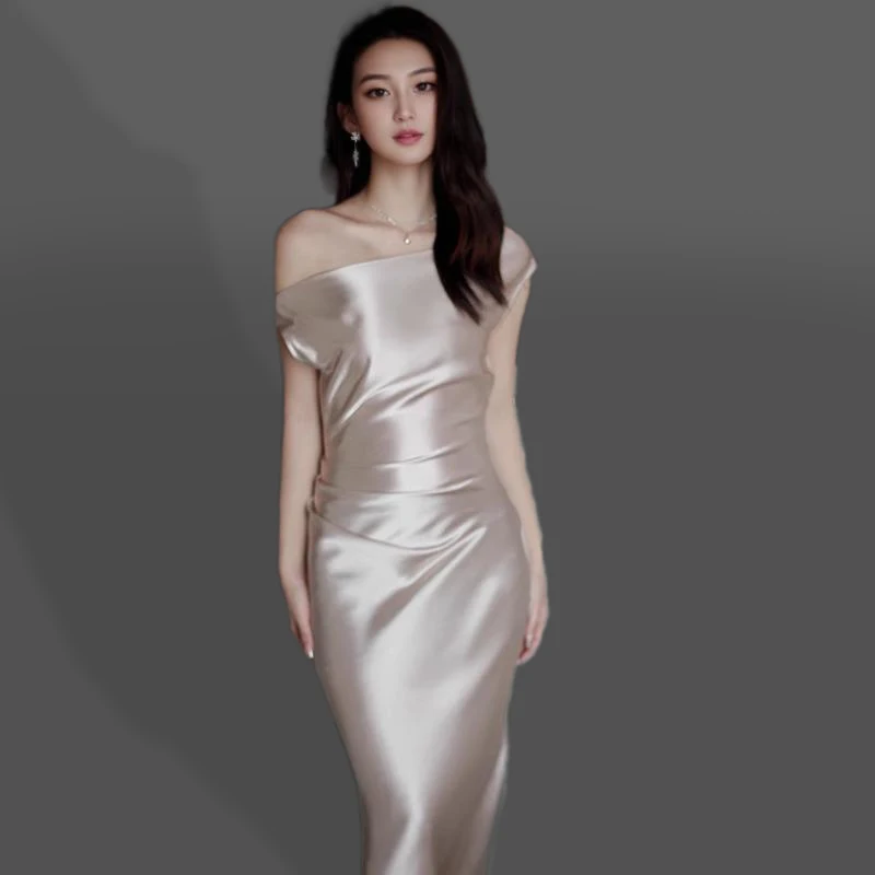 Champagne Gold Satin  Dr Evening Gown oulder Bared Wedding Performance Host Skirt High Waist Polyester Fiber