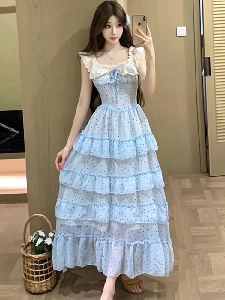 

2026 Blue Mesh Polka Dot Chic Ruffled Long Dress Summer Fashion Patchwork Bow Sling Dress Women Korean Elegant Casual Home Dress