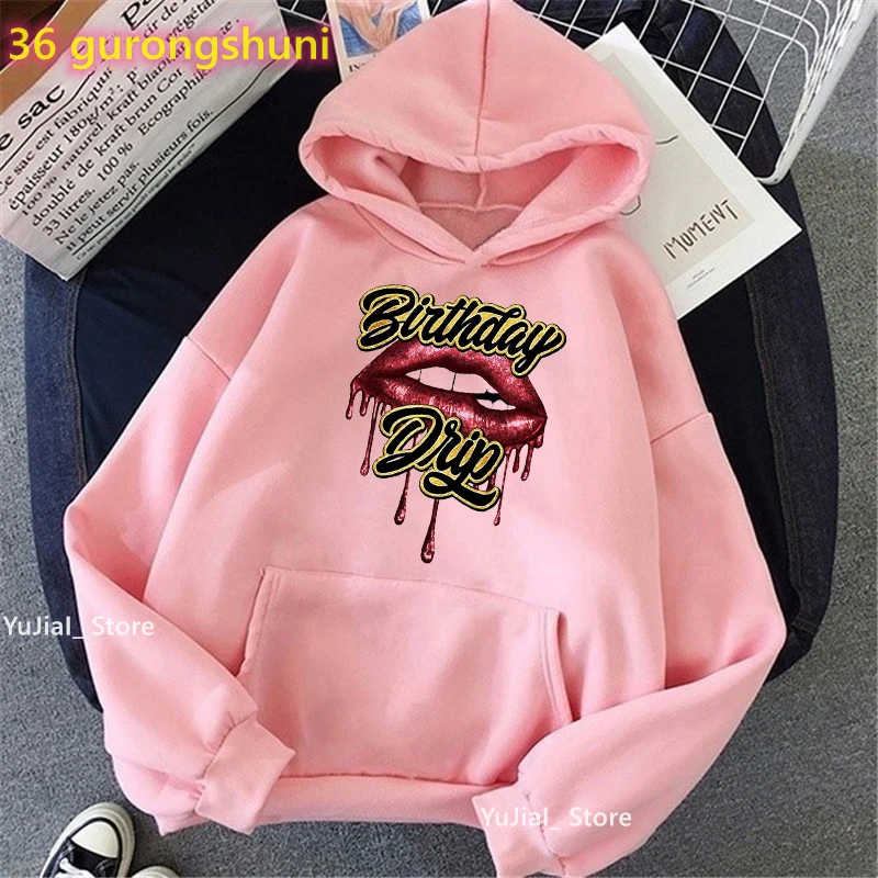 Red Lips Birthday Drip Graphic Print Cap Hoodie Women'S Clothing Drip Squad Sweatshirt Femme Fashion Long-Sleeved Tracksuit