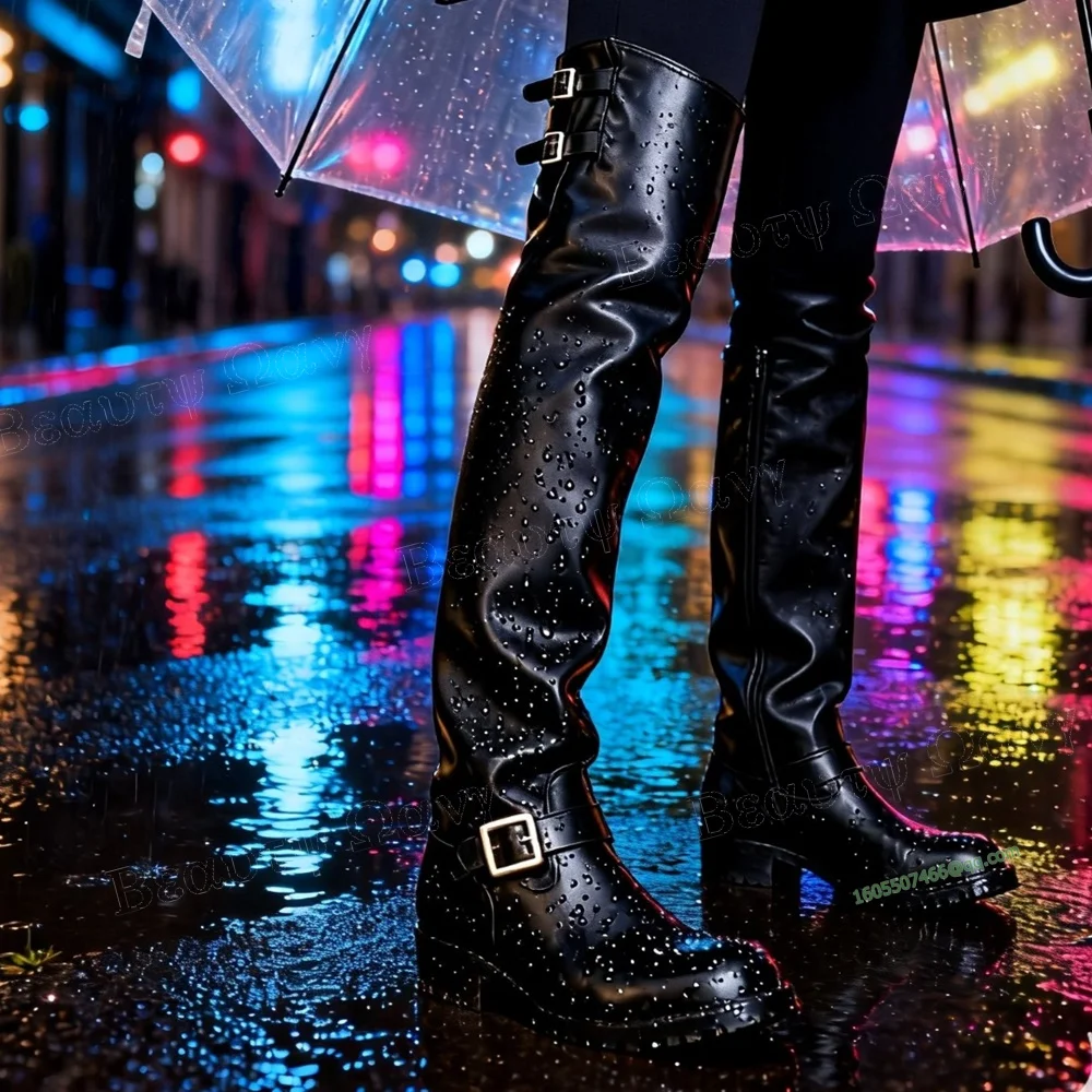 

Black Thigh Buckle Ankle Belt Men's Big Boots Thigh High Knight's Boots Round Toe Shoes for Men Shoes Zapatos Para Hombres