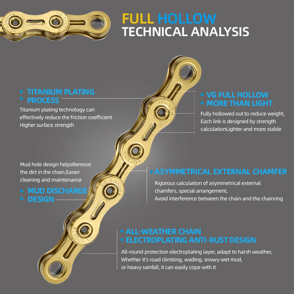 Full Hollow Bicycle Chain 6/7/8/9/10/11/12 Speed Lightweight High Strength Road MTB 116 Links with Missing Link Bike Chain