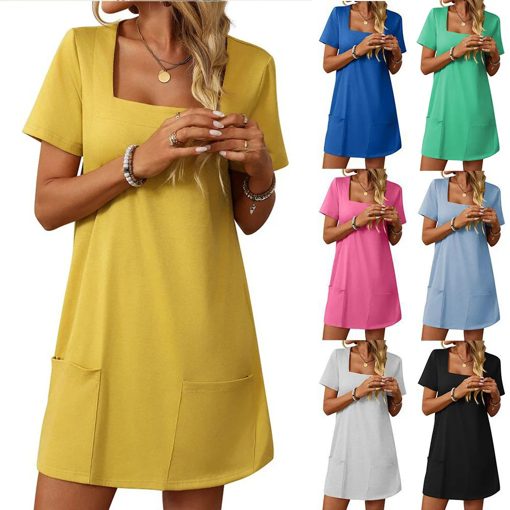 Sukienki damskie z kwadratowym dekoltem, letnia moda, luźne, z krótkim rękawem, wygodne mini spódniczki z kieszeniami, codzienne sukienki plażowe.