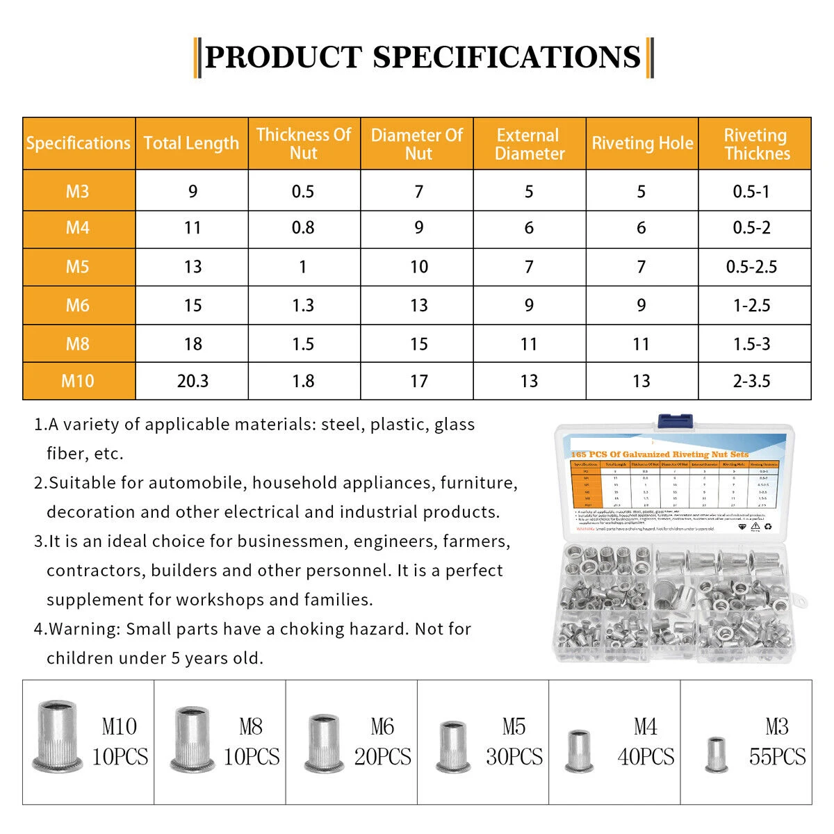165 قطعة الخيوط جوزة برْشام مجموعة متنوعة الألومنيوم ريفنوت إدراج Nutsert شقة رئيس M3 M4 M5 M6 M8 M10 الخيوط برشام