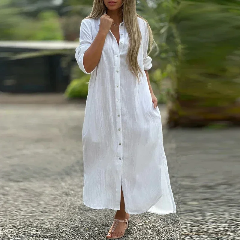 2024 Long Sleeve Maxi Dresses Women Turn Down Collar Casual Cotton Linen Button Shirt Dress Holiday Long Dresses Robe