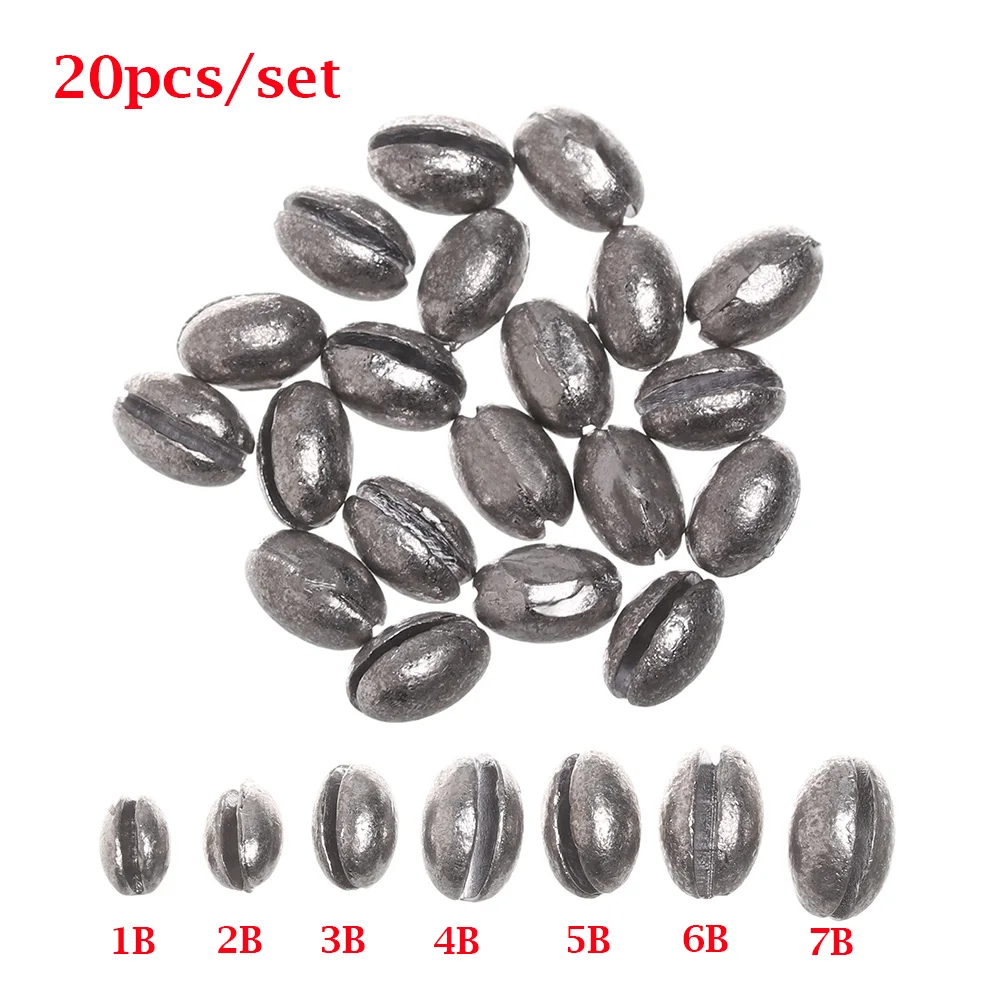 20PCS Premium Solid Oval Split Shot Lead Sinker Bean Shaped Weight Lead Line Sinkers Hook Connector Fishing Lure Accessory