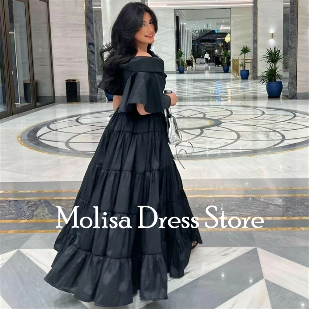 Simple Black Boat Neck A-Line Satin Formal Prom Dresses Pleat Floor-Length Women Evening Party Dress فساتين السهرة