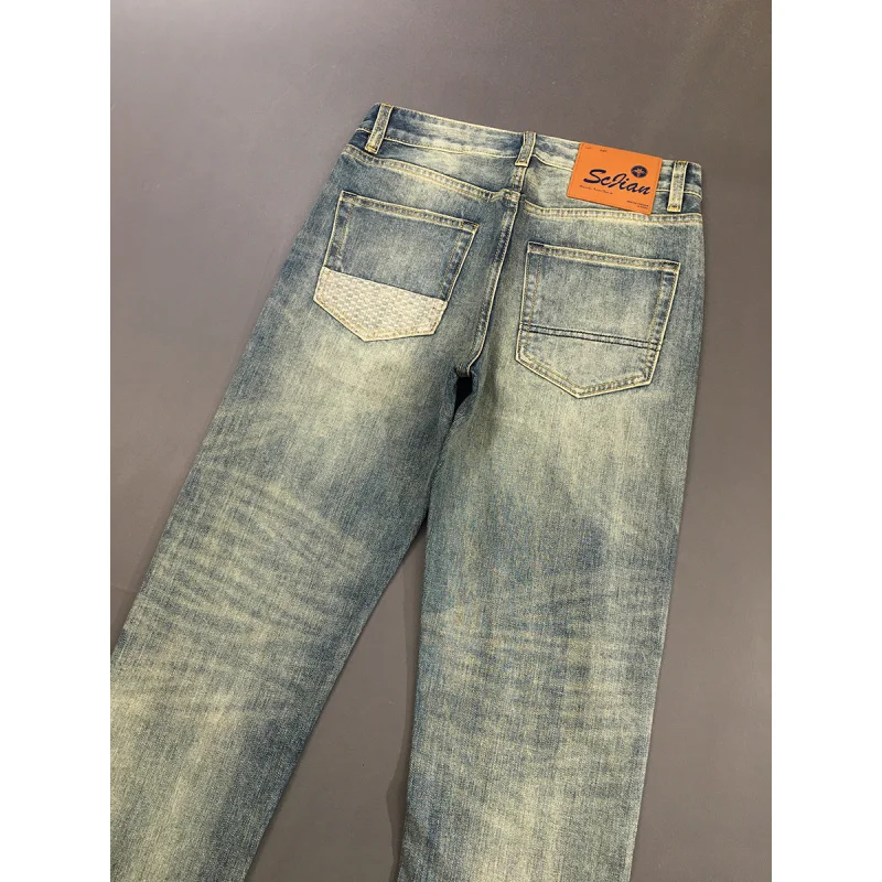 

Мужские джинсы с нашивками с рваными дырками, новинка 2025, модные брендовые универсальные облегающие прямые синие джинсовые брюки в стиле ретро