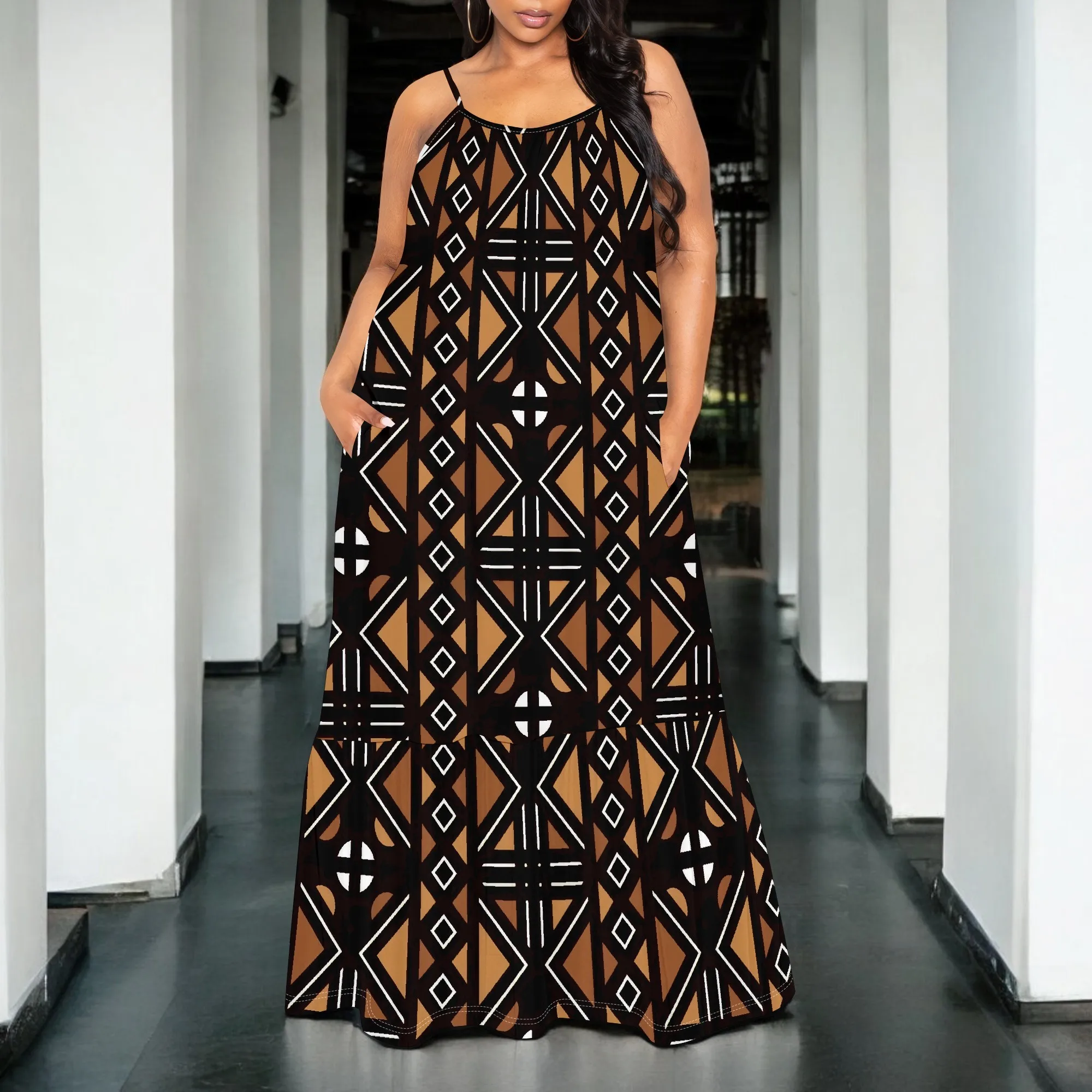 

Tribal Print Maxi Dress S-3XL Sleeveless Spaghetti Strap Loose Fit Style with Pockets for Summer Vacation or Afro Festival