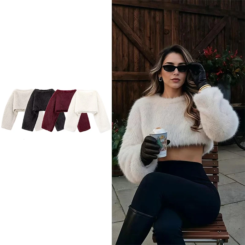 Guobioziy Ladies' 2026 Autumn-Winter Ultra-Short Faux Fur Jacket, Perfect for Photos, Cute and Flirty Style, Fluffy Long-Haired