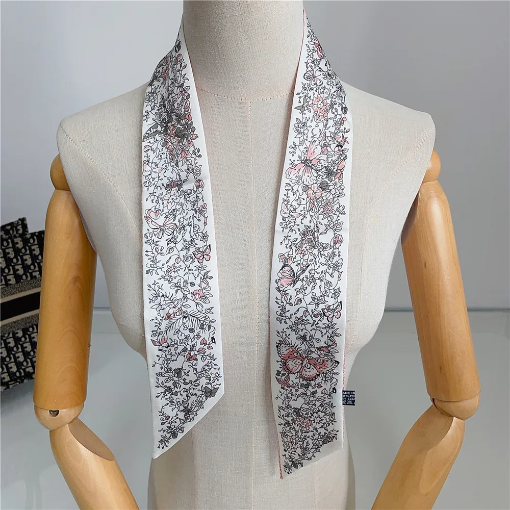 New Double sided Twill Silk skinny twill scarf 2024 brand design Women small size bags ribbon tie hair neck scarves 100*6cm