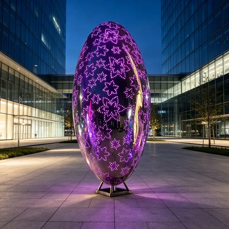Star Perforated Elliptical Stainless Steel Sculpture LED Luminous Mirror Statue Modern Mall Park Outdoor Nightscape Decoration