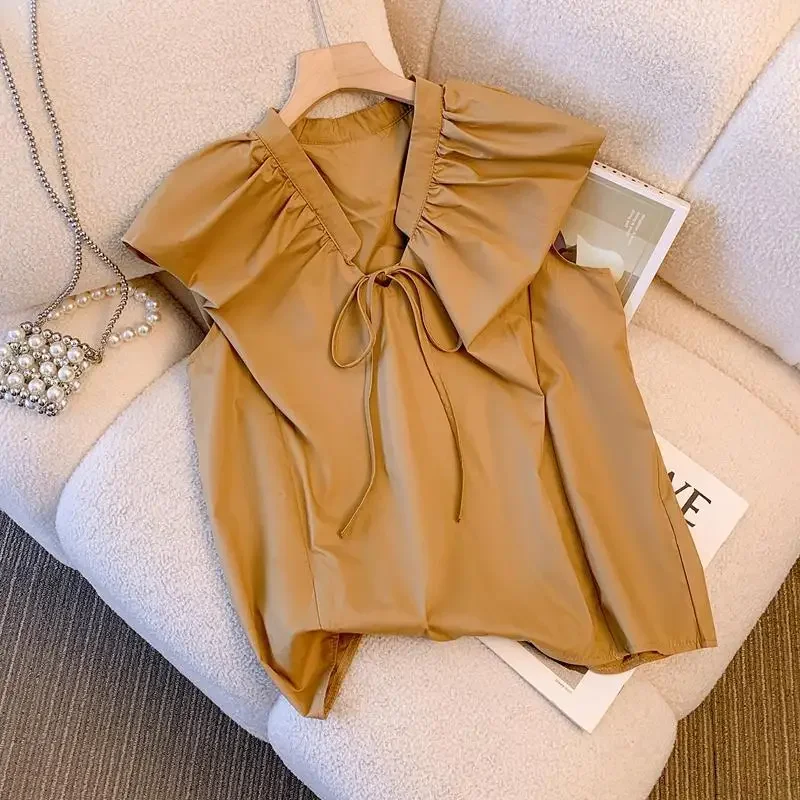 French Style Bow Lace-up Sleeveless Blouses Women Summer Chic Elegant Casual Flying Sleeve Shirts Summer Simple Fresh Camisas