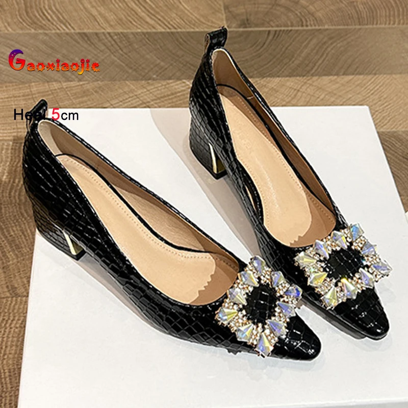 

Модная женская обувь на высоком каблуке, туфли-лодочки на грубом каблуке с пряжкой и стразами, удобные женские одинарные туфли с неглубоким носком