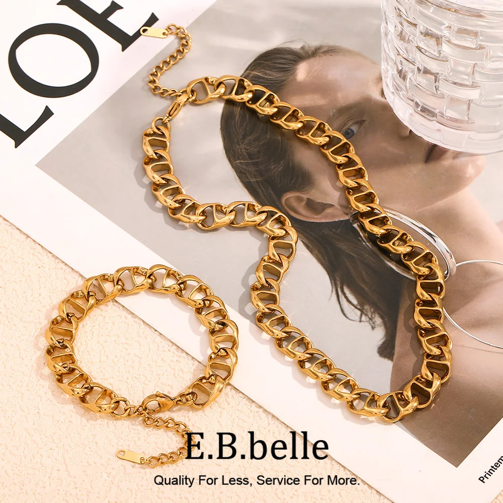E.B.belle Rust Resistant 18K Gold Plated Stainless Steel Chunky Chain Necklace Bracelet Jewelry Set