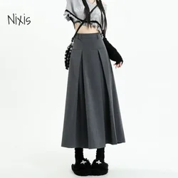 Vintage Grey Medium Length Skirts Women Spring Summer High Waist Pleated Umbrella Skirt Fashions Y2k Female Korean Style Clothes