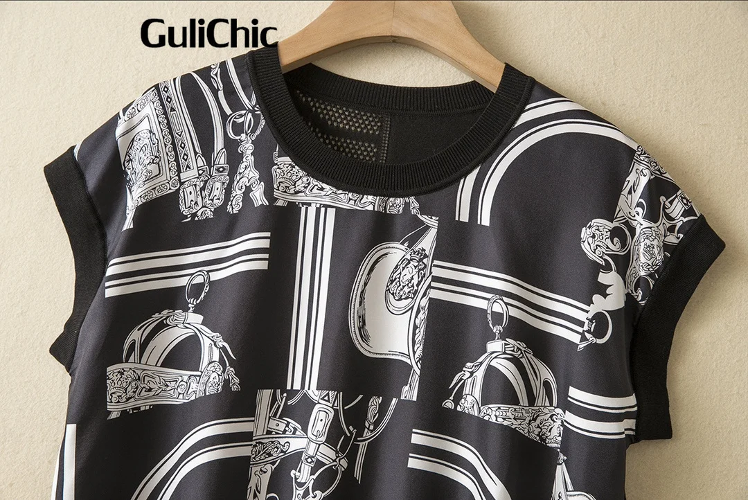 4.26 GuliChic Geometric Pattern Print Tees Women Crew Neck Raglan Short Sleeve 100% Silk Spliced Knit Hollow Out Design T-Shirt