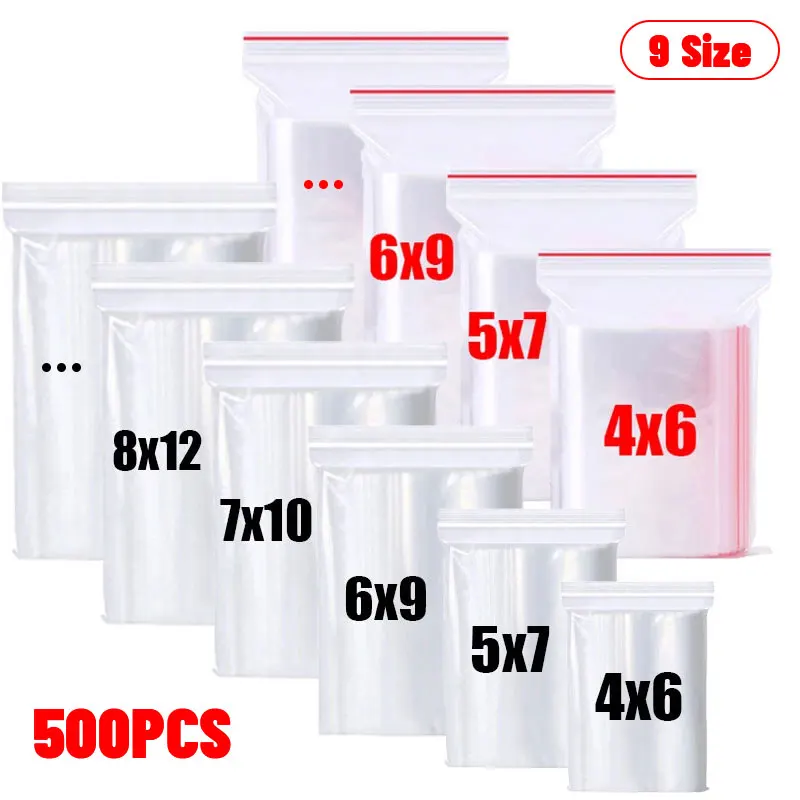100-500 Uds. Bolsas pequeñas de plástico con cierre hermético, bolsa transparente reutilizable, bolsa de almacenamiento al vacío, bolsas transparentes con cierre hermético para almacenamiento de alimentos