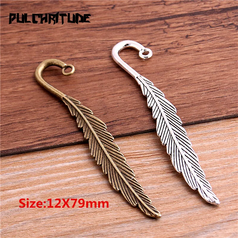 4Pcs 12*79mm 4 Color Feather Bookmark Charms Vintage Metal Alloy For DIY Crafts Stationery School Office Supply Teacher Gift