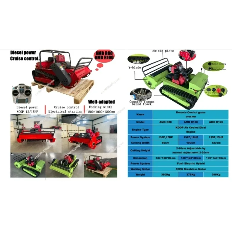 Customized New Arrival Farm Flail Lawn Mower 800mm 1000mm  RC Home Robotic Diesel Power Crawler Lawn Mower for Grass Cutting