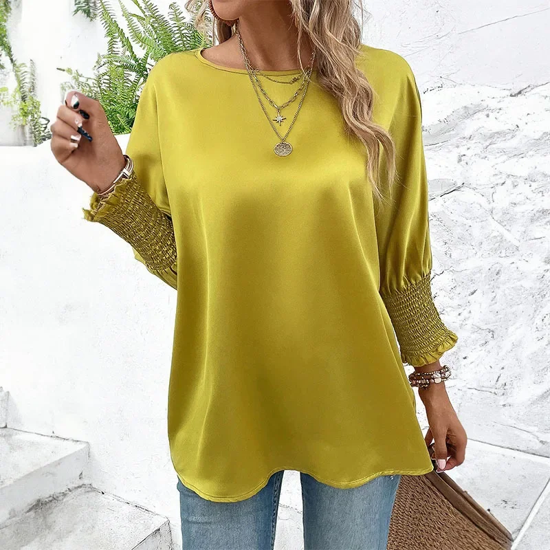2024 New Women's Ruffles Tops O Neck Long Sleeve Fashion Pullovers Spring Autumn Loose Casual Tees Office Lady Wears NASY0010