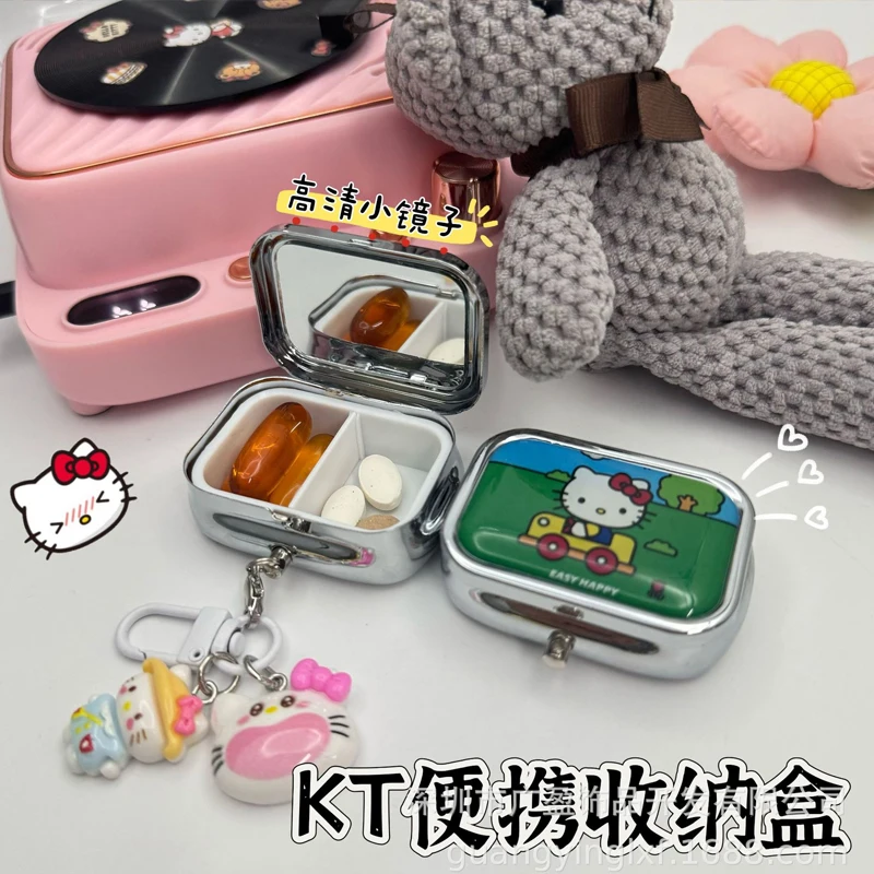 

Kawaii Hello Kittys Portable Jewelry Box with HD Mirror Mini Sealed Subpackage Boxs Cute Cartoon Girl Heart Travel Storage Box