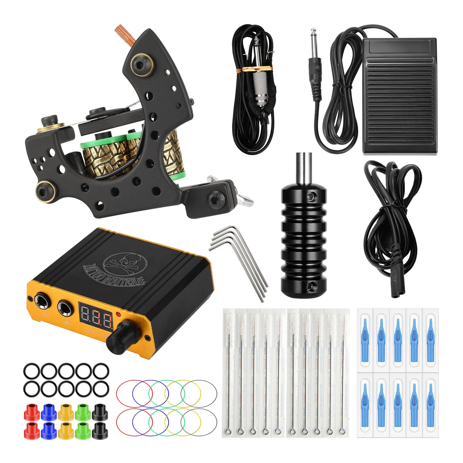 

JimKing Complete Tattoo Kit Coils Tattoo Machine Gun Set with Power Supply Foot Switch Pedal Clip Cord for Tattoo Beginner