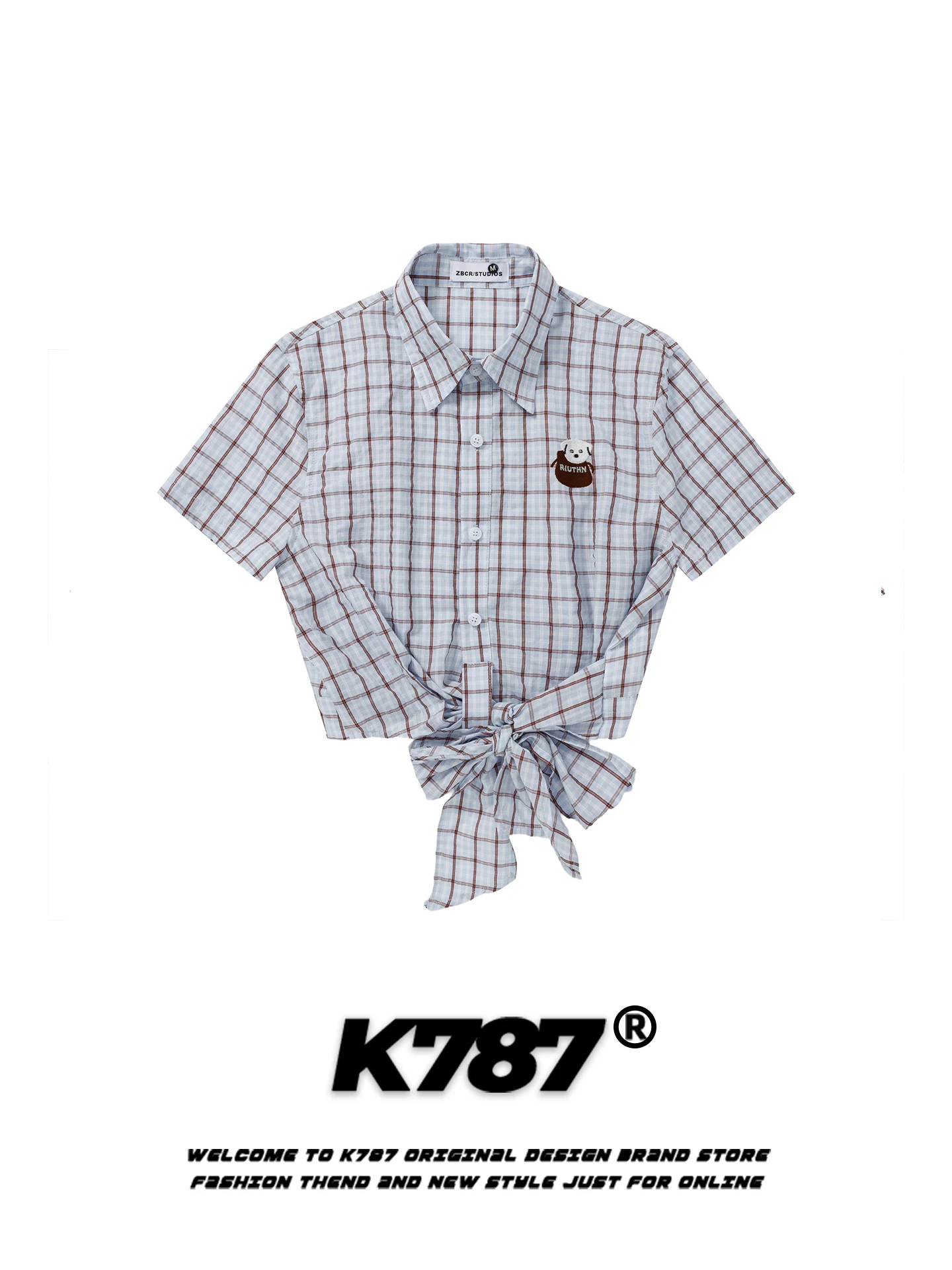 

K787 Американский ретро-топ в клетку с вышивкой собаки, женский, с поясом, приталенный, повседневный, из хлопка и полиэстера