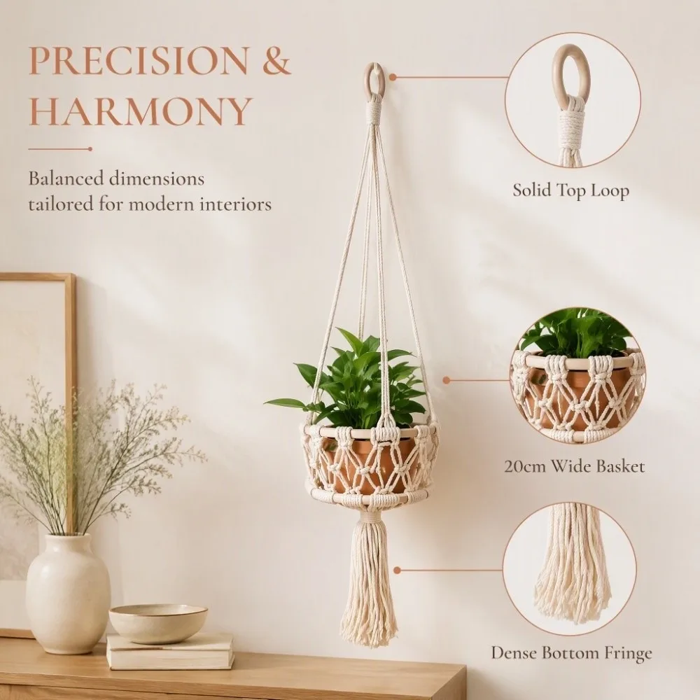 Cotton Rope Macrame Plant Hanger 7.87in White Hanging Plant Holder Small Size Tassel Decoration Suspended Storage Basket Home
