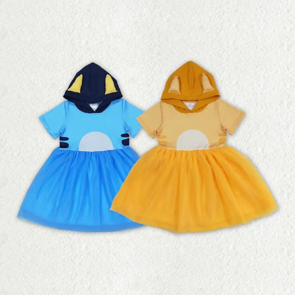 Fashion Summer Baby Girls Blue And Yellow Tulle Hooded Short-sleeved Dress Set Clothes RTS