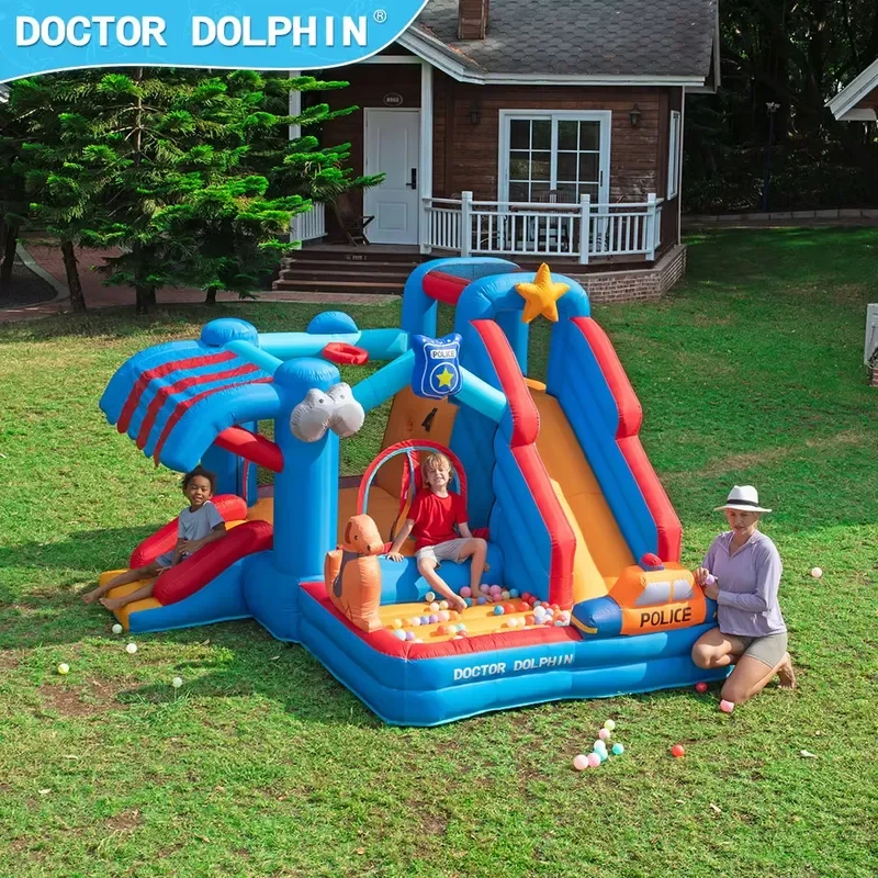 Wholesale Low MOQ Stock Doctor Dolphin Animal Print 840D Fabric Inflatable Bounce Castle Slide Basketball Dart 3 Person Easy