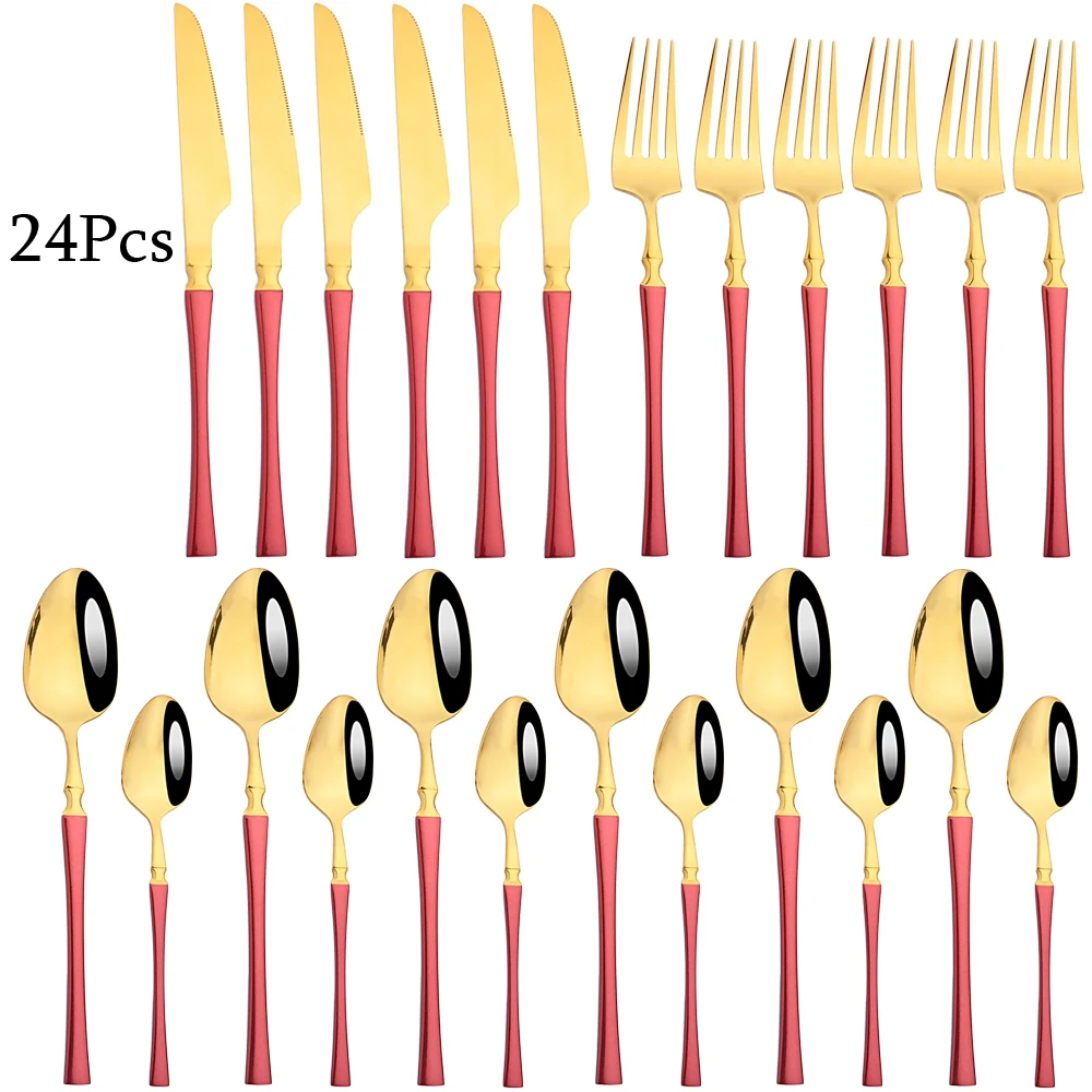 

24Pcs Red Gold Cutlery Set Stainless Steel Long Handle Dinnerware Set Knife Fork Spoon Flatware Set Tableware Dishwasher Safe