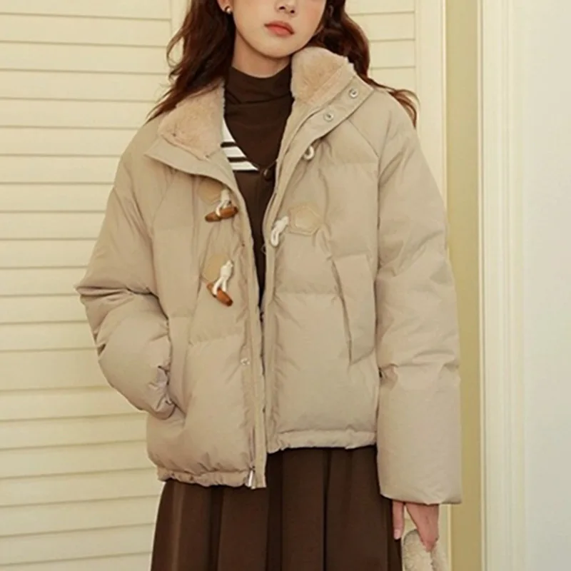 2025, neue Winter-Damen-Pufferjacke mit Hornknopf, lockere Passform, Baumwollmantel, koreanischer Stil, abgeschnittene gepolsterte Jacke, verdickte Jacke