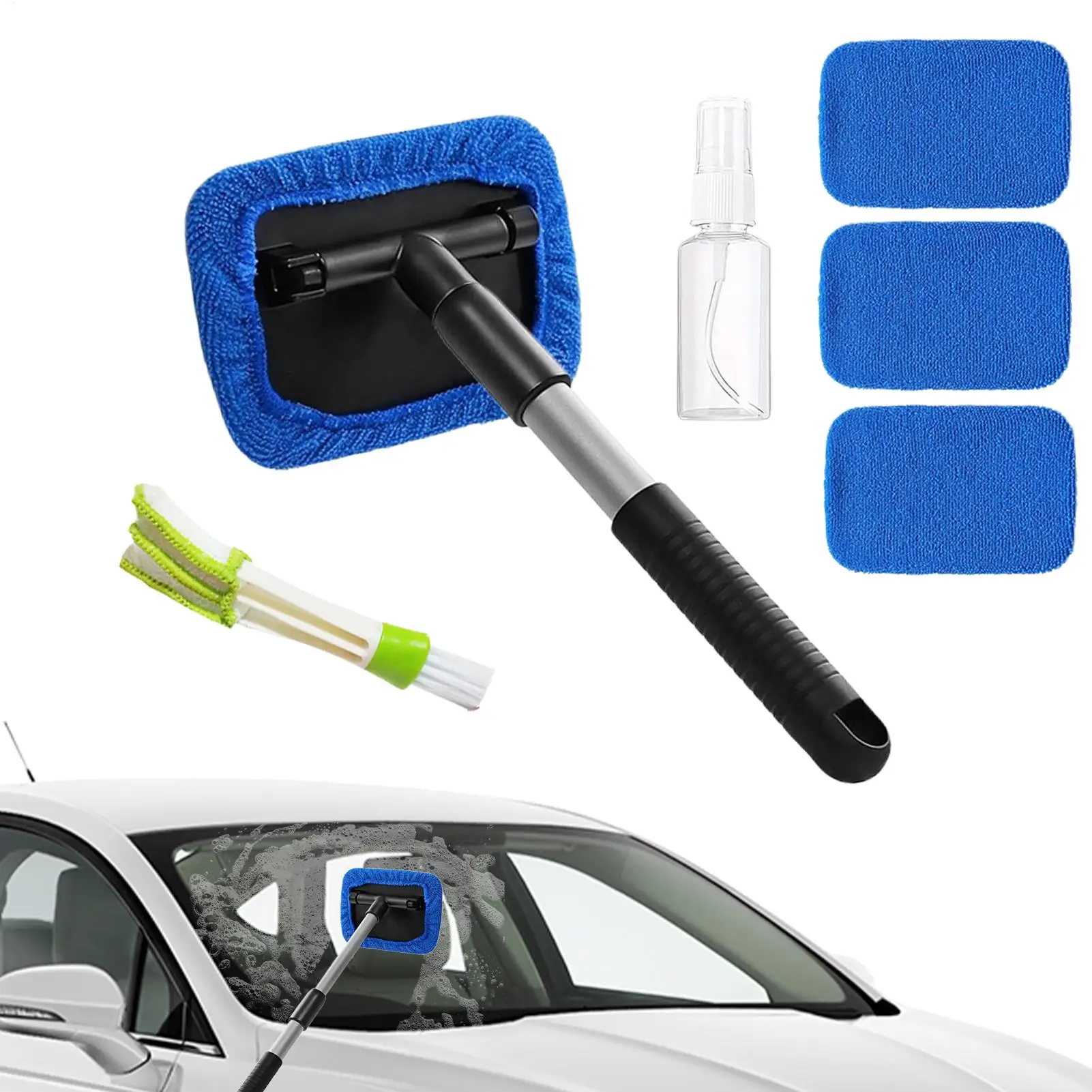 Windshield Cleaner with Telescopic Handle Aluminum 180 degree Rotation Pole 4 Washable Microfiber Pads Durable Car Window Cleane
