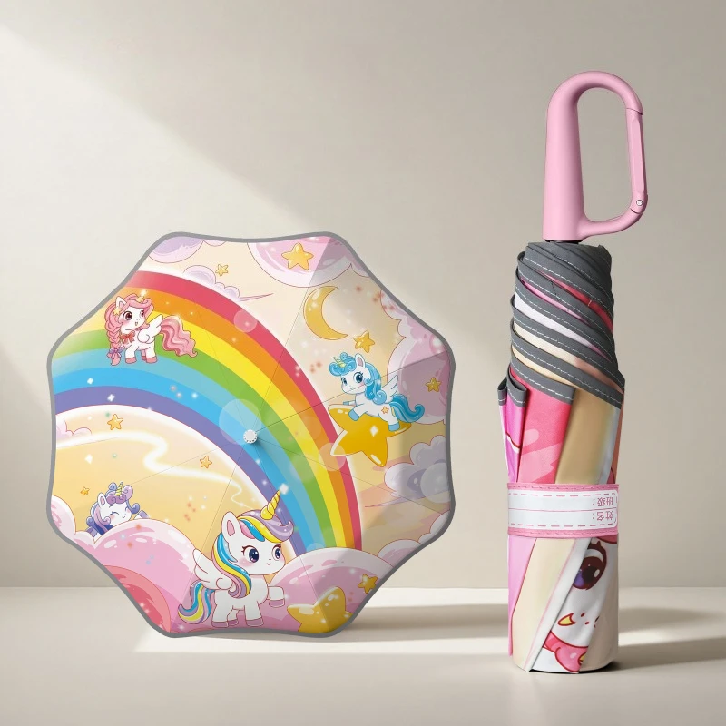 Cartoon Panda Unicorn Loop Buckle Folding Umbrella Automatic Anti Rebound Portable Sunshade Rain Umbrella with Reflective Strip
