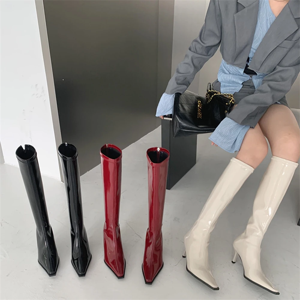 Patent Leather Women Knee High Boots Pointed Toe Knight Botas Thin High Heels Back Zipper Black Red Beige Soft Party Winter Bota